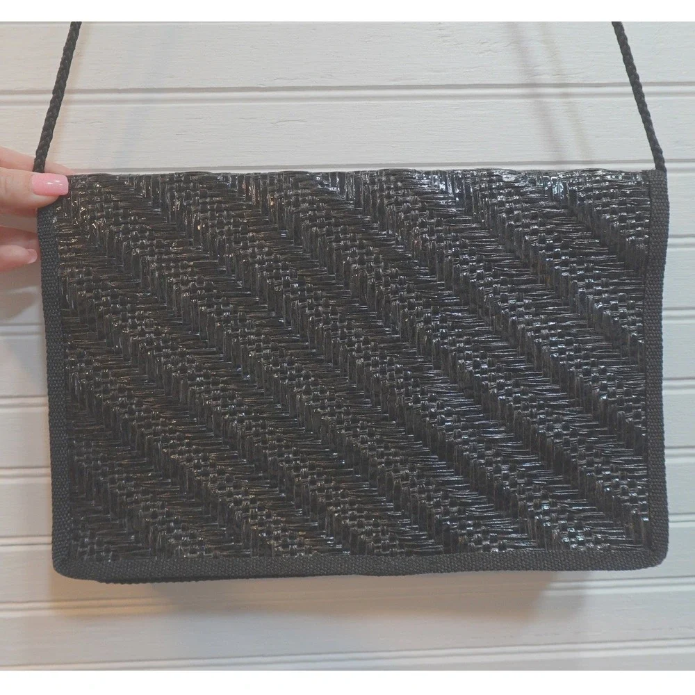 Vintage Garfinckel's Raffia Woven Purse Made in Italy Large Black Shoulder Bag